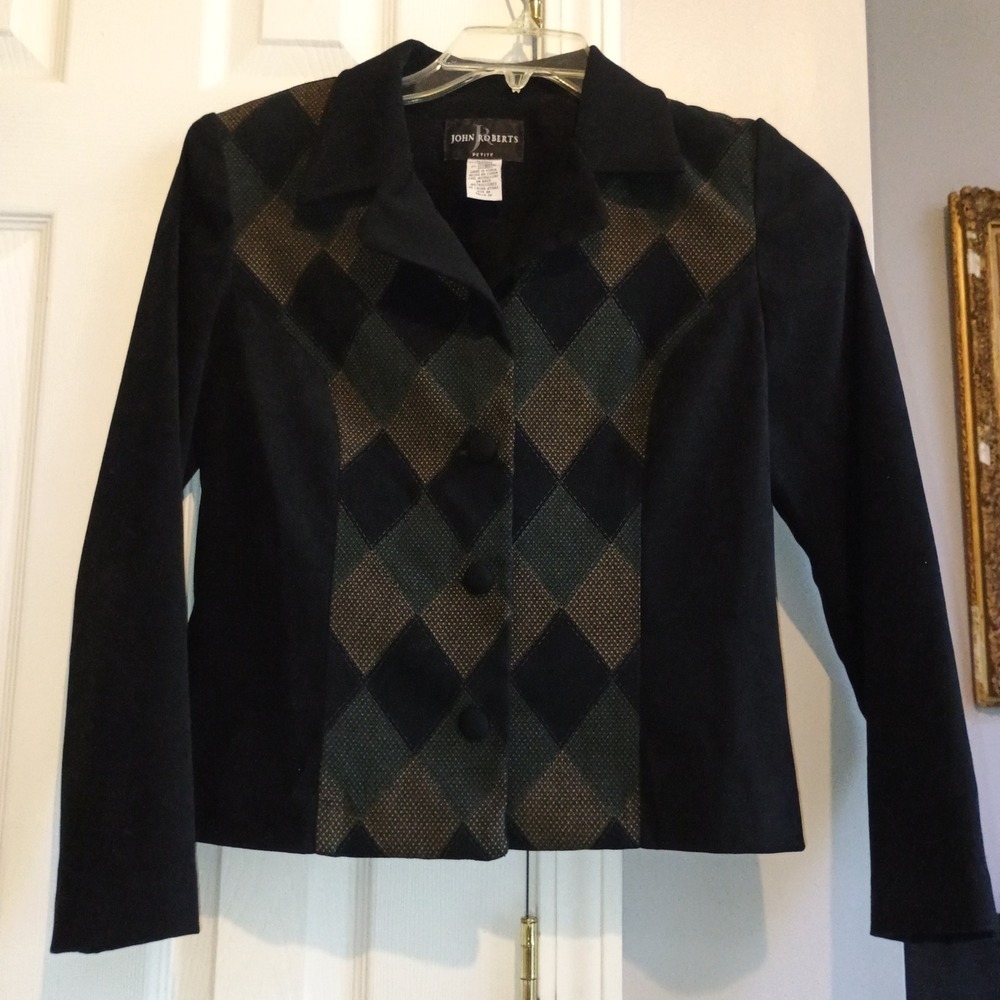 JOHN ROBERTS Petite 8P Vintage Argyle‎ Blazer Jacket Black Green Shoulder Pads